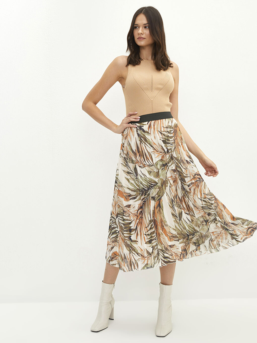 Yeşil Beli Lastikli Desenli Şifon Kadın Pileli Etek