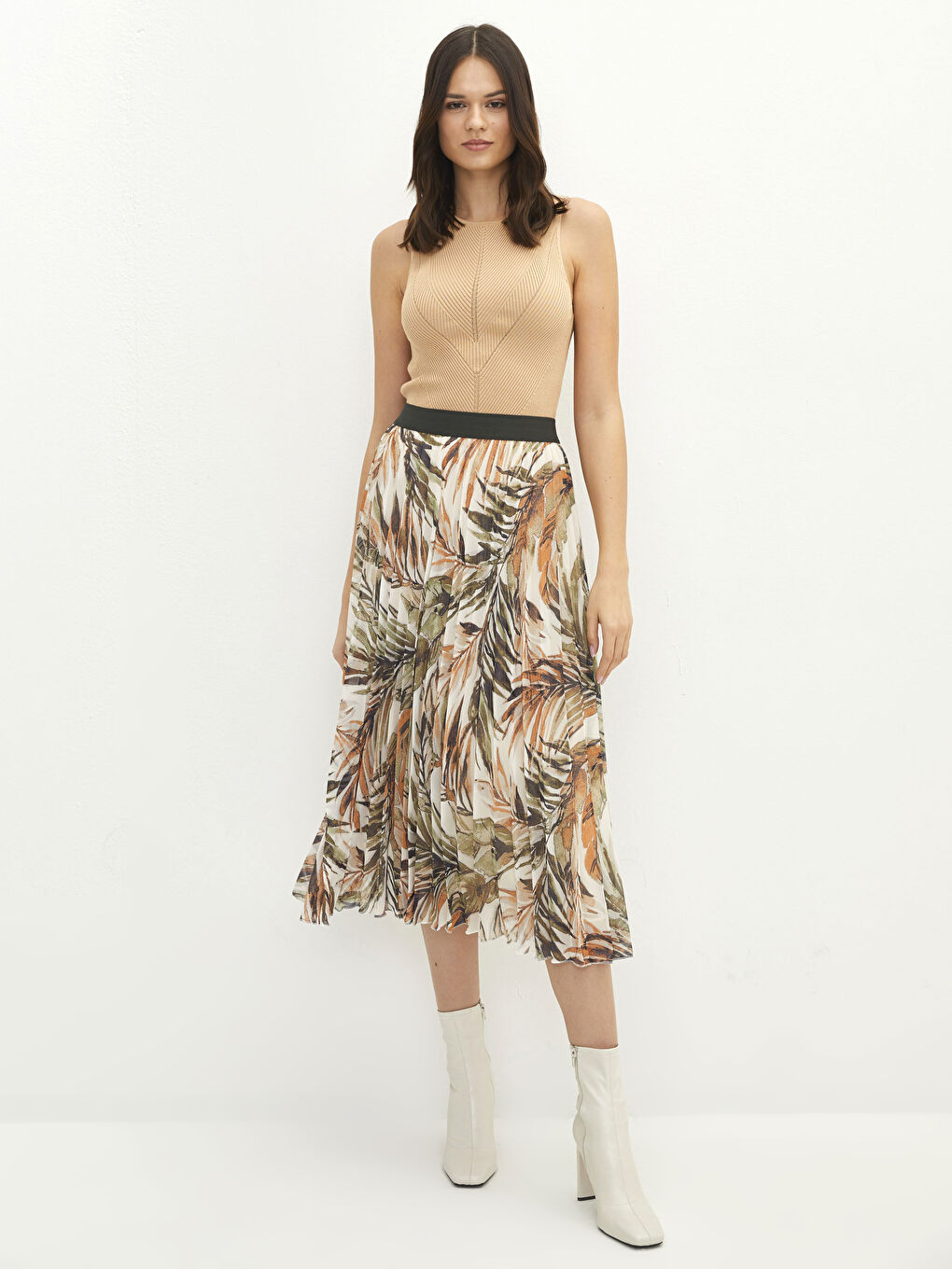 Yeşil Beli Lastikli Desenli Şifon Kadın Pileli Etek-1