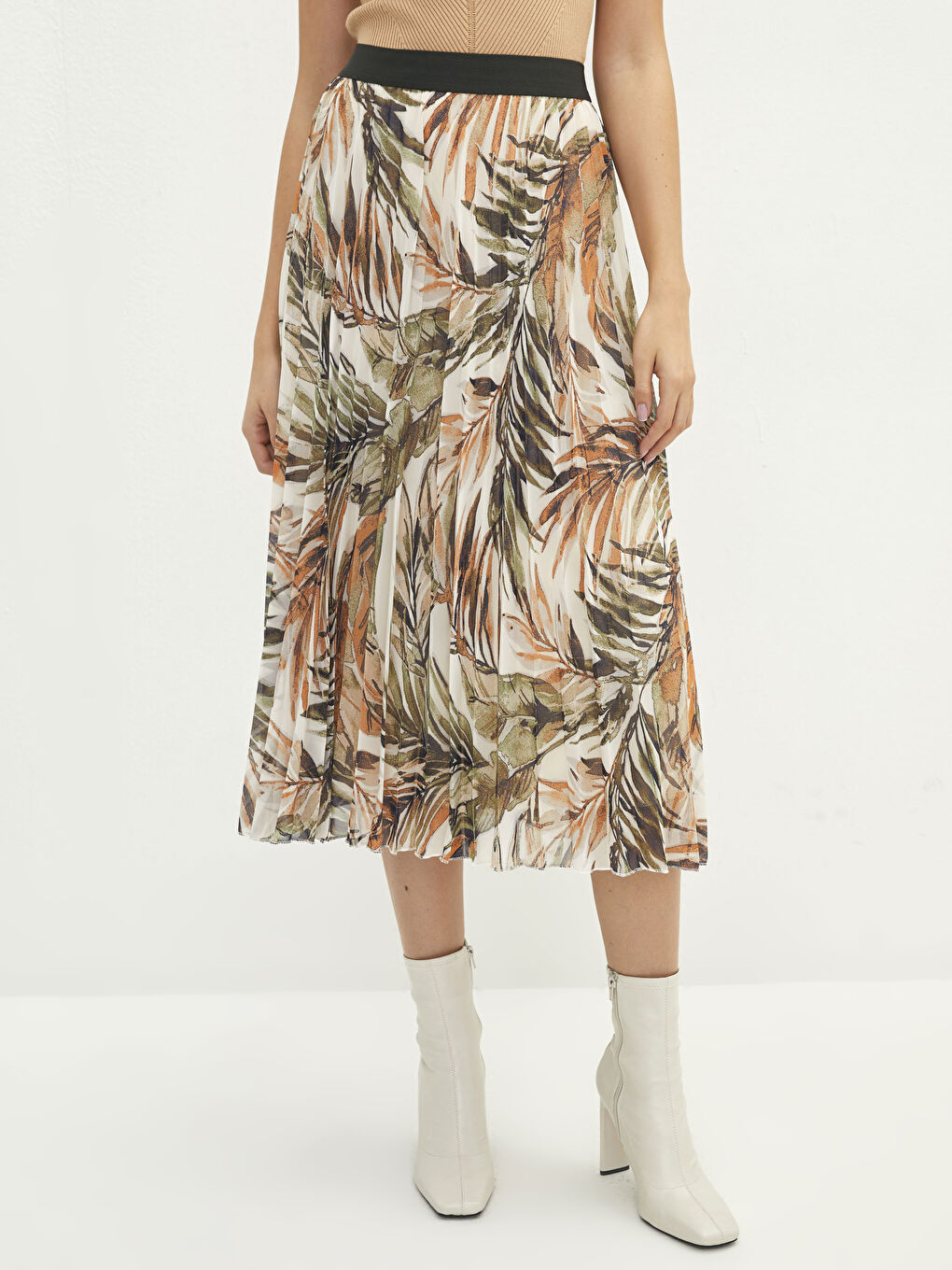 Yeşil Beli Lastikli Desenli Şifon Kadın Pileli Etek-2