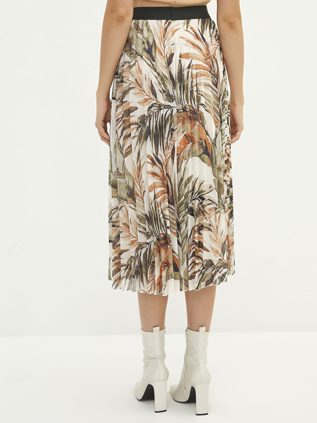 Yeşil Beli Lastikli Desenli Şifon Kadın Pileli Etek-4