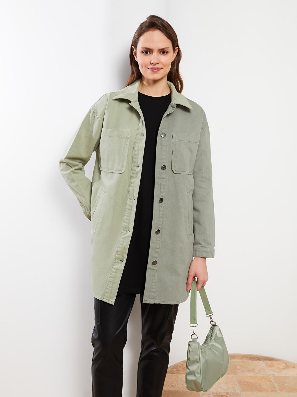 Yeşil Gömlek Yaka Renk Bloklu Uzun Kollu Oversize Gabardin Kadın Ceket-2