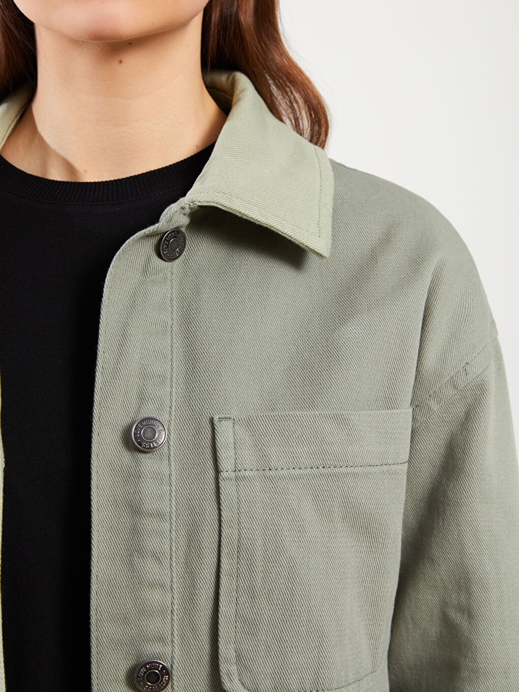 Yeşil Gömlek Yaka Renk Bloklu Uzun Kollu Oversize Gabardin Kadın Ceket-3