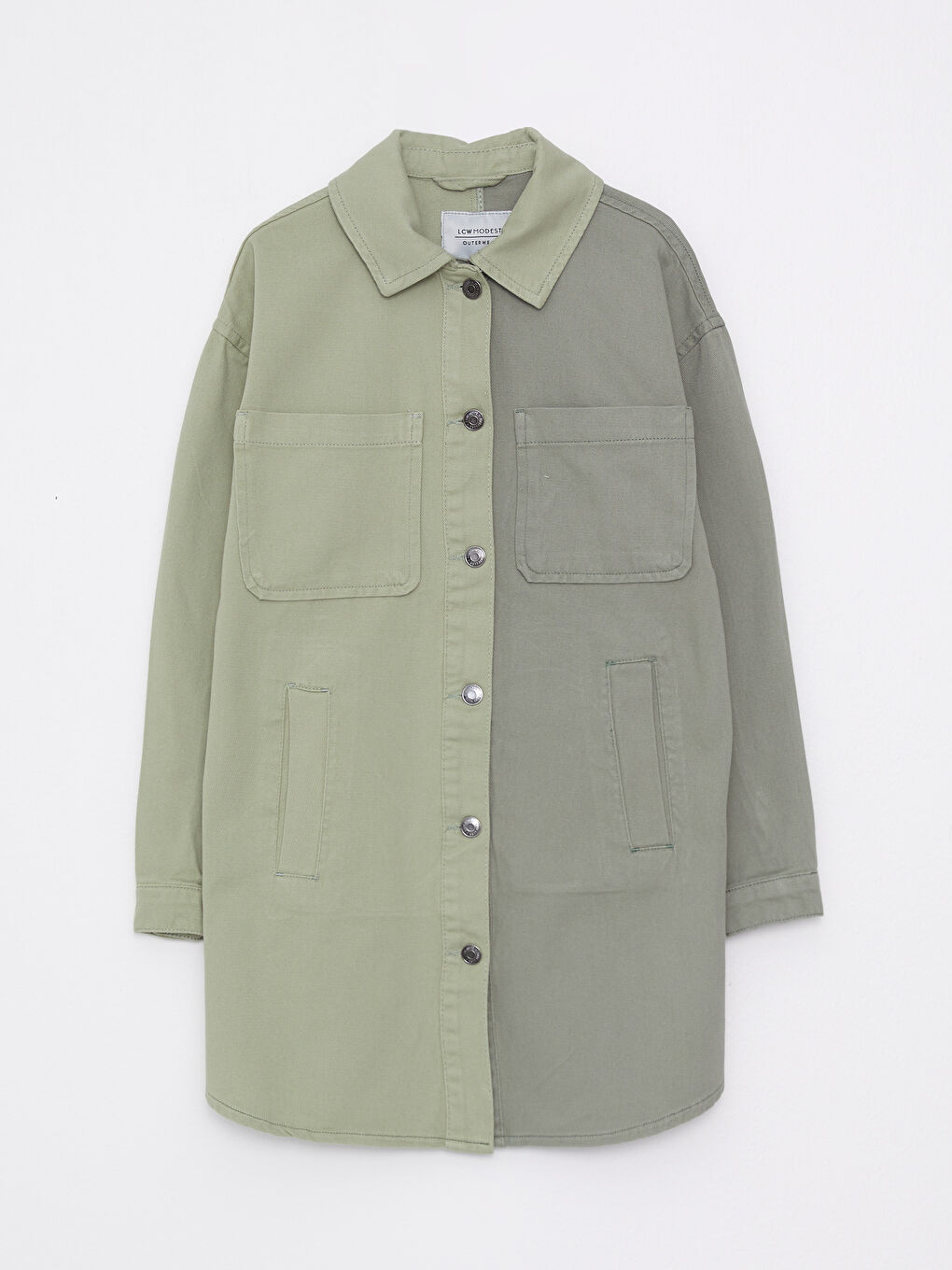 Yeşil Gömlek Yaka Renk Bloklu Uzun Kollu Oversize Gabardin Kadın Ceket-5