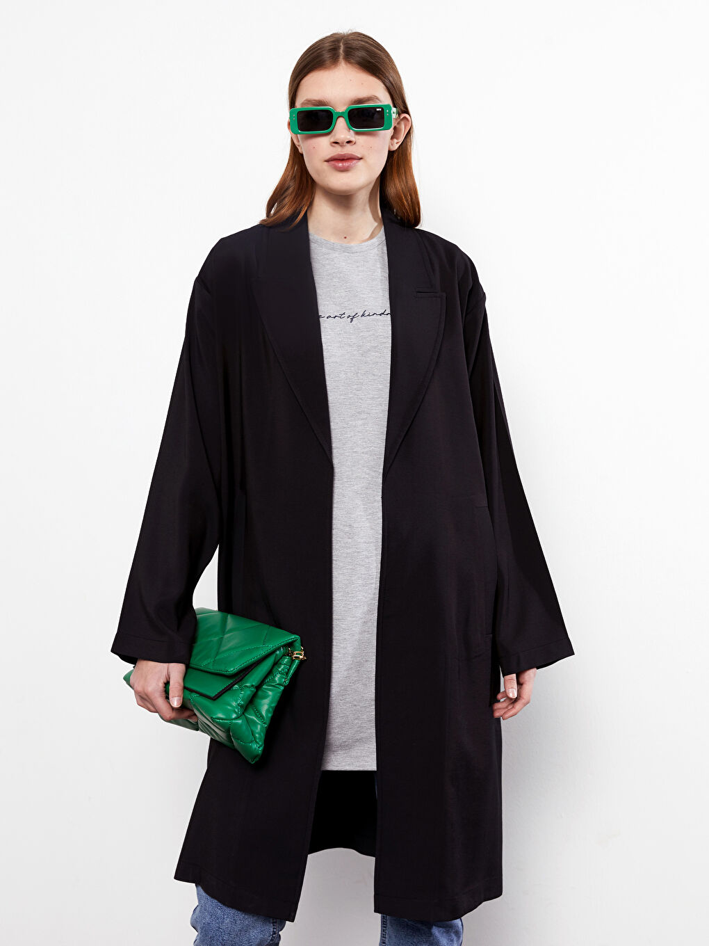 Siyah Ceket Yaka Düz Uzun Kollu Kadın Trençkot-1