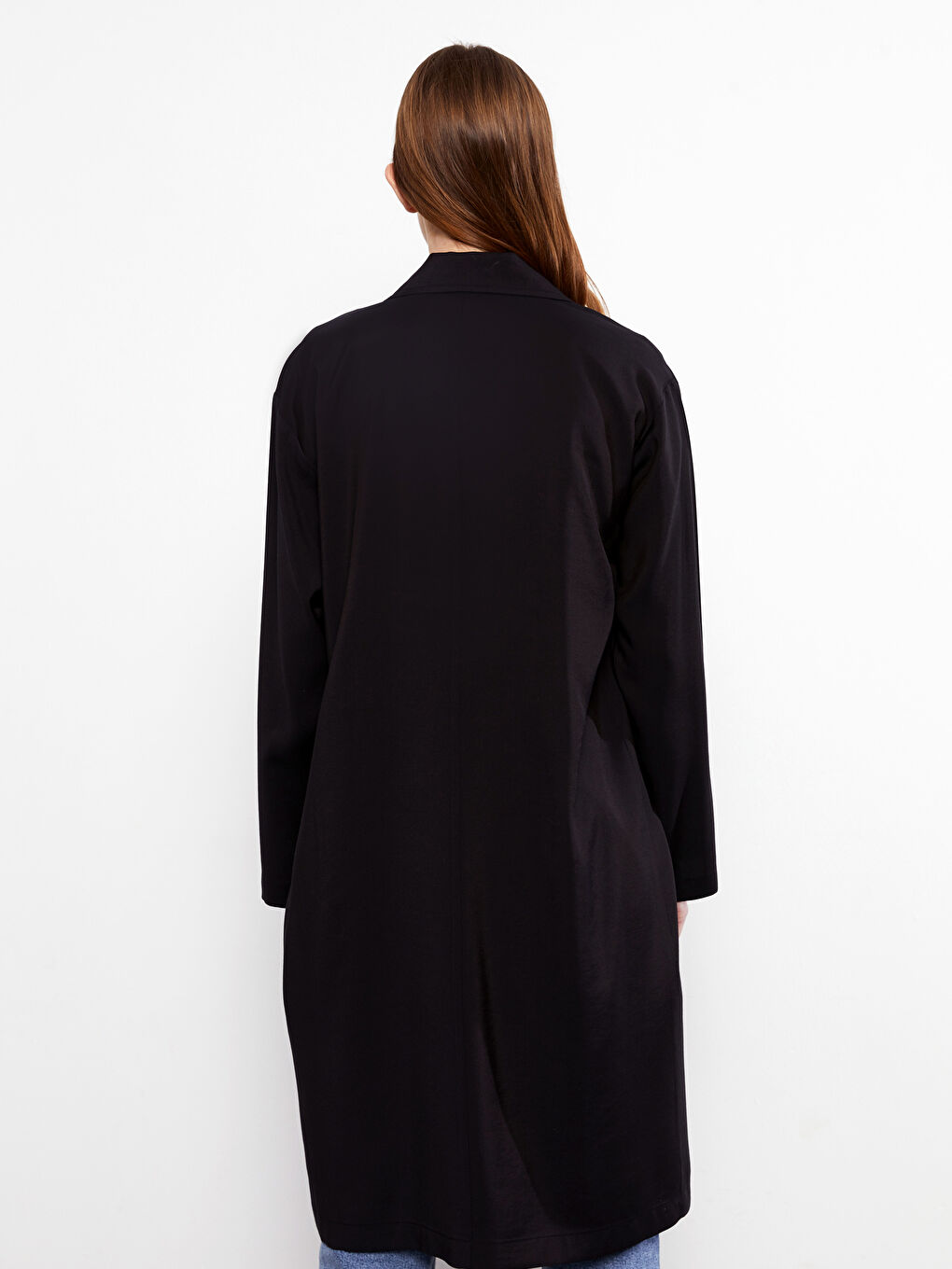 Siyah Ceket Yaka Düz Uzun Kollu Kadın Trençkot-4