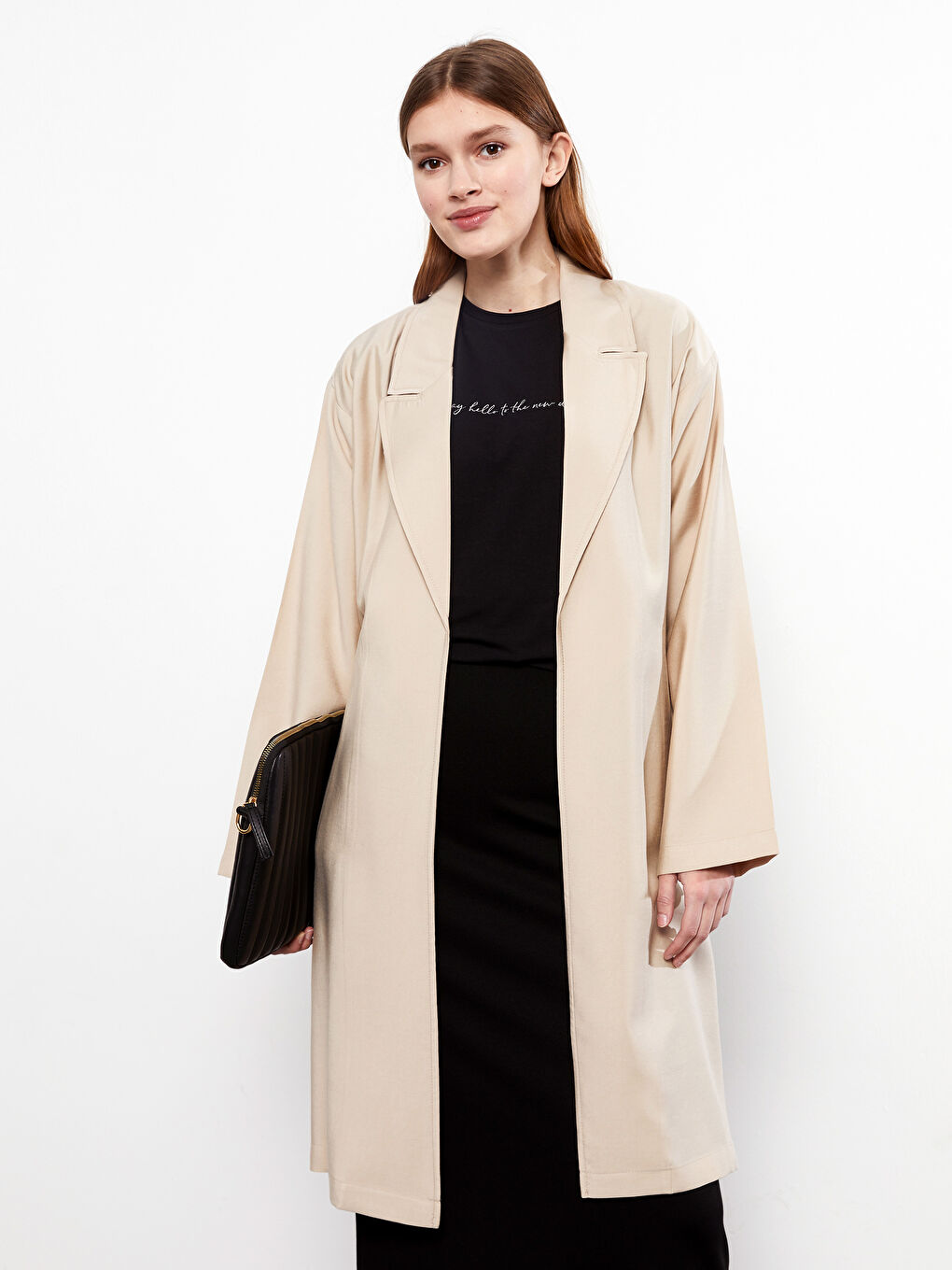 Bej Ceket Yaka Düz Uzun Kollu Kadın Trençkot-1