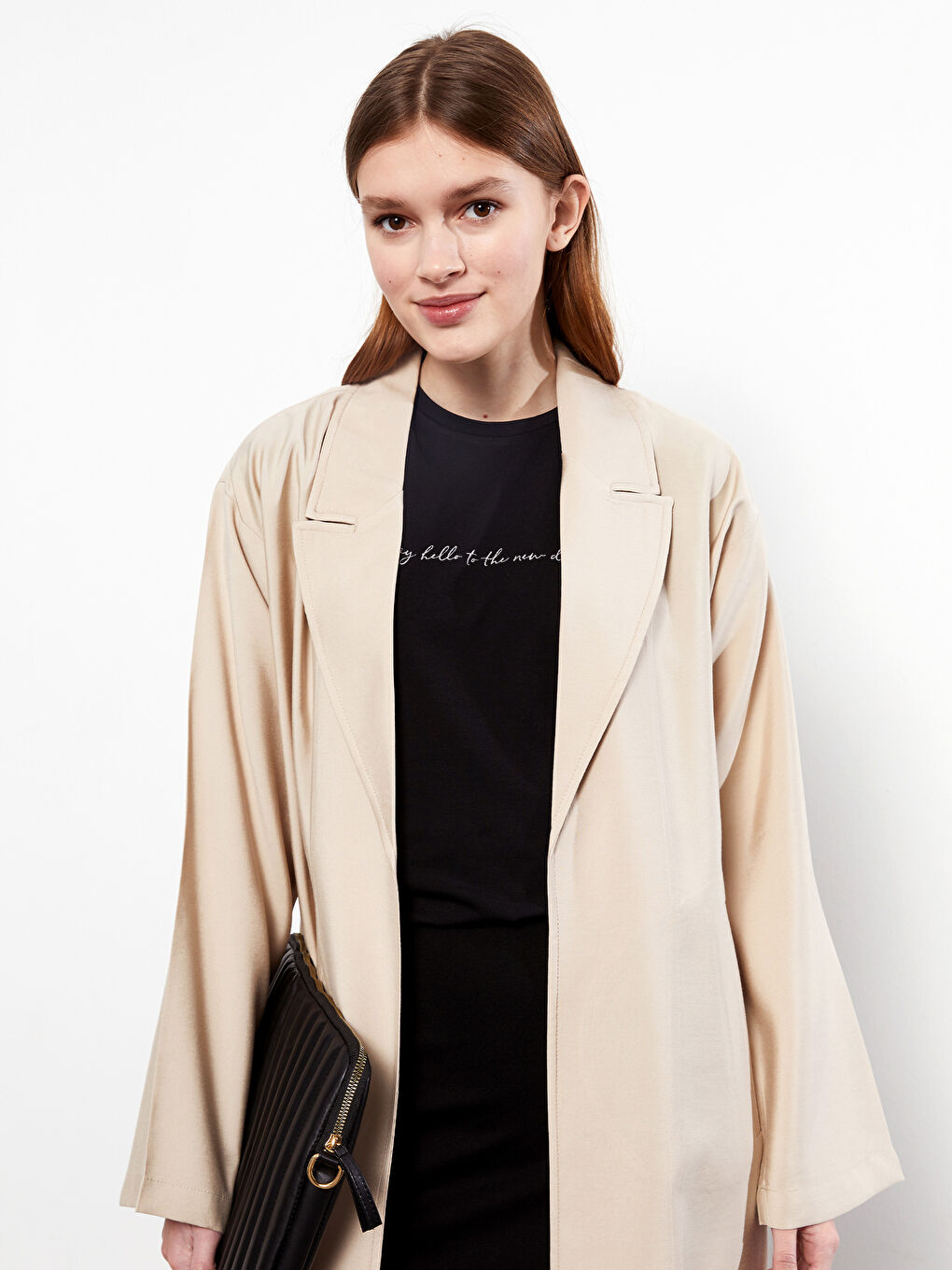 Bej Ceket Yaka Düz Uzun Kollu Kadın Trençkot-2