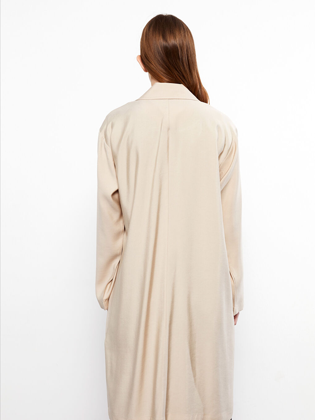 Bej Ceket Yaka Düz Uzun Kollu Kadın Trençkot-4