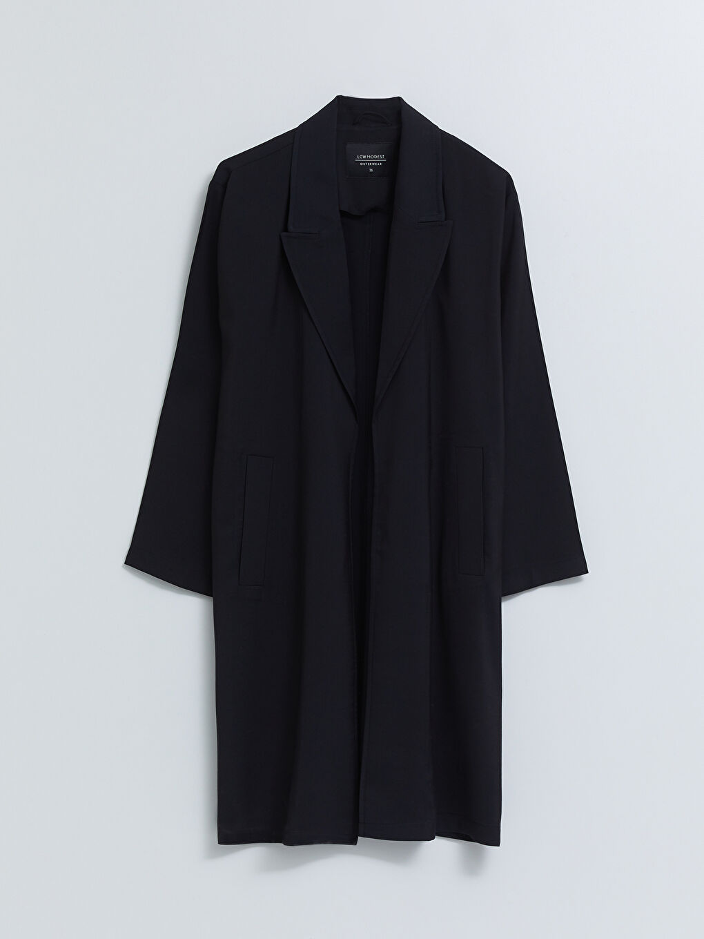 Siyah Ceket Yaka Düz Uzun Kollu Kadın Trençkot-5