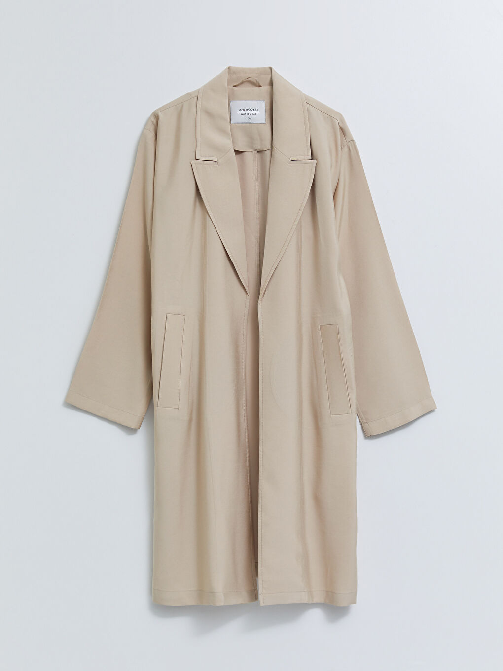 Bej Ceket Yaka Düz Uzun Kollu Kadın Trençkot-5