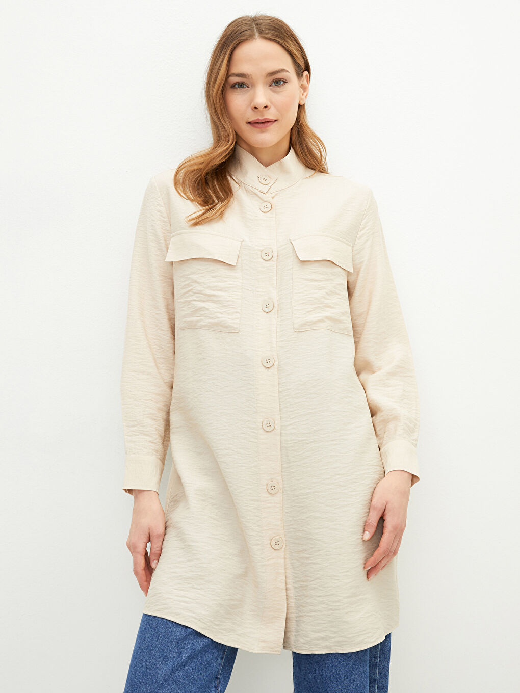 Bej Dik Yaka Düz Uzun Kollu Kadın Tunik-2