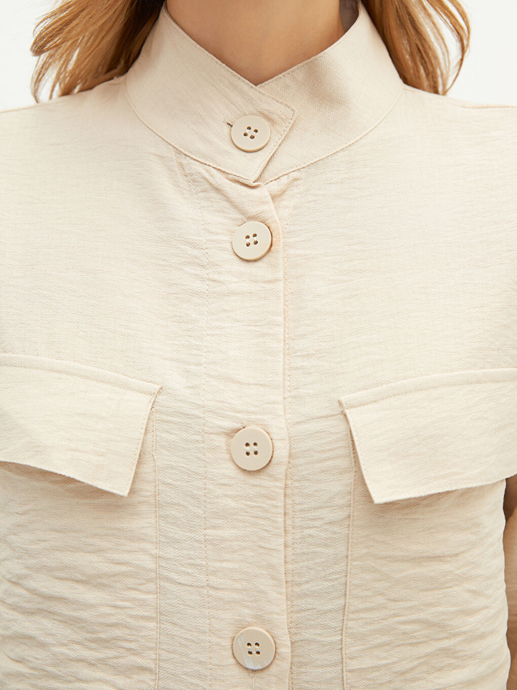 Bej Dik Yaka Düz Uzun Kollu Kadın Tunik-3