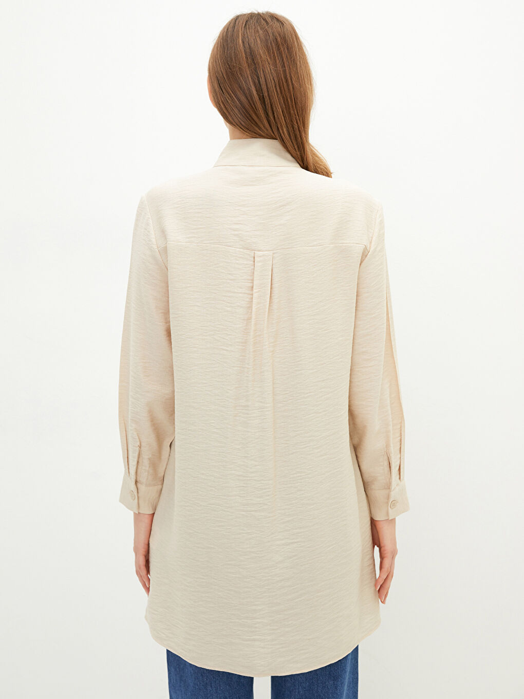 Bej Dik Yaka Düz Uzun Kollu Kadın Tunik-4