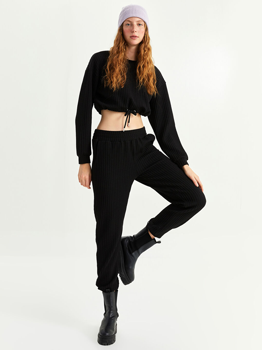 Siyah Kadın Beli Lastikli Düz Jogger Eşofman Altı-1