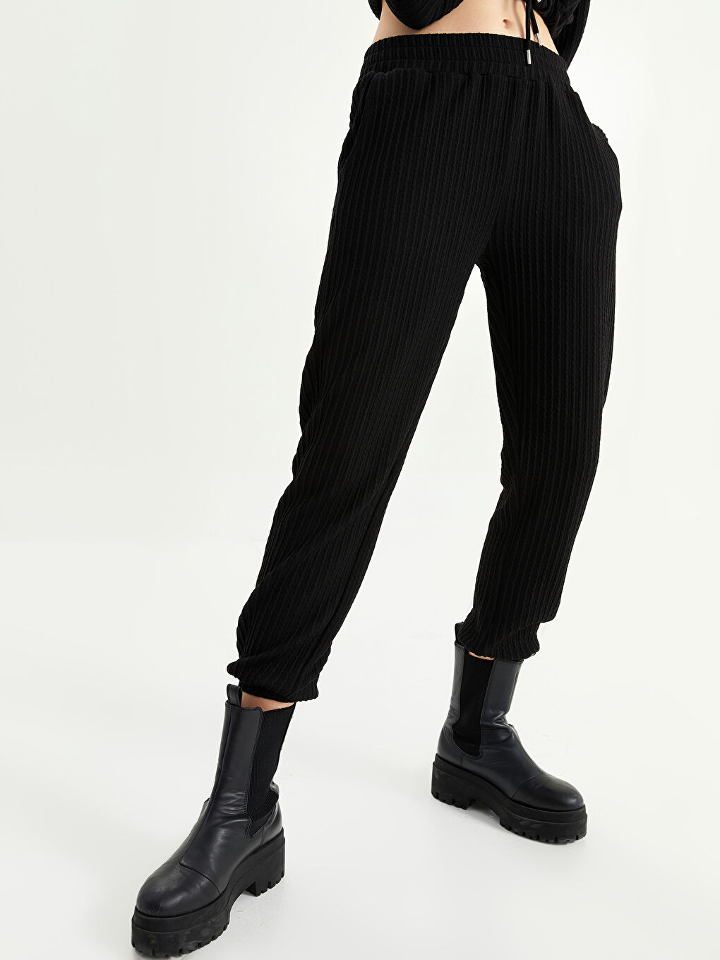 Siyah Kadın Beli Lastikli Düz Jogger Eşofman Altı-3