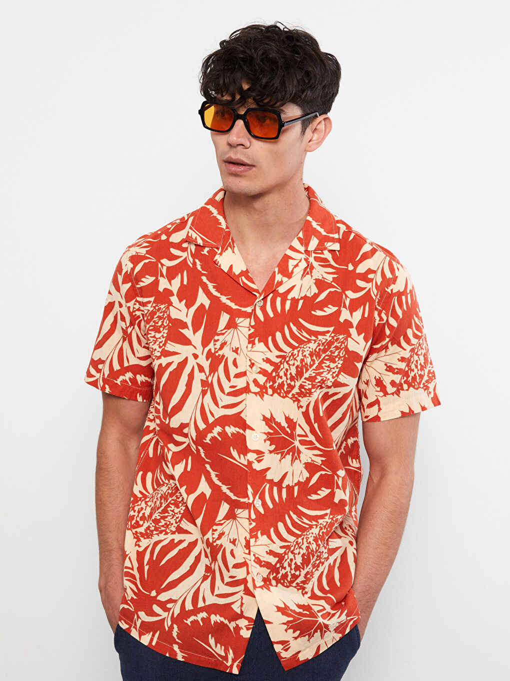 Turuncu Regular Fit Resort Yaka Kısa Kollu Desenli Poplin Erkek Gömlek-2