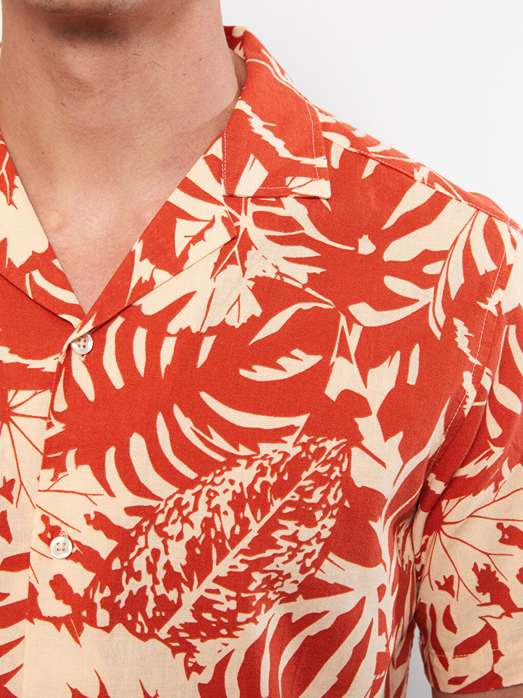 Turuncu Regular Fit Resort Yaka Kısa Kollu Desenli Poplin Erkek Gömlek-3
