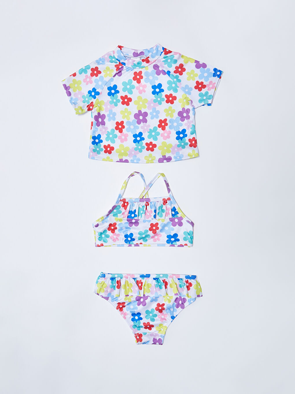 LCW baby Beyaz Baskılı Esnek Kumaştan Kız Bebek Bikini Takımı 3'lü