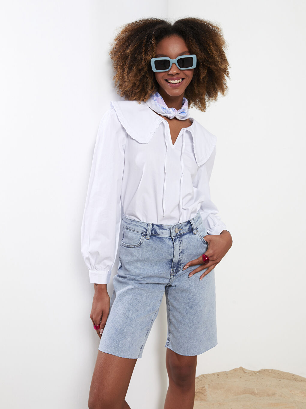 بلوزة ياقة بيبي كم طويل بوبلين للسيدات