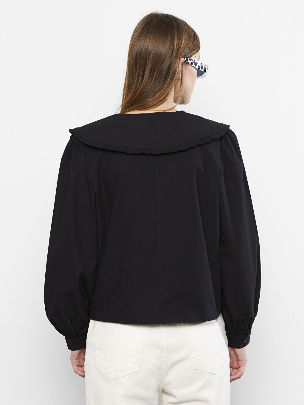 Siyah Bebe Yaka Düz Kısa Kollu Poplin Kadın Bluz-5