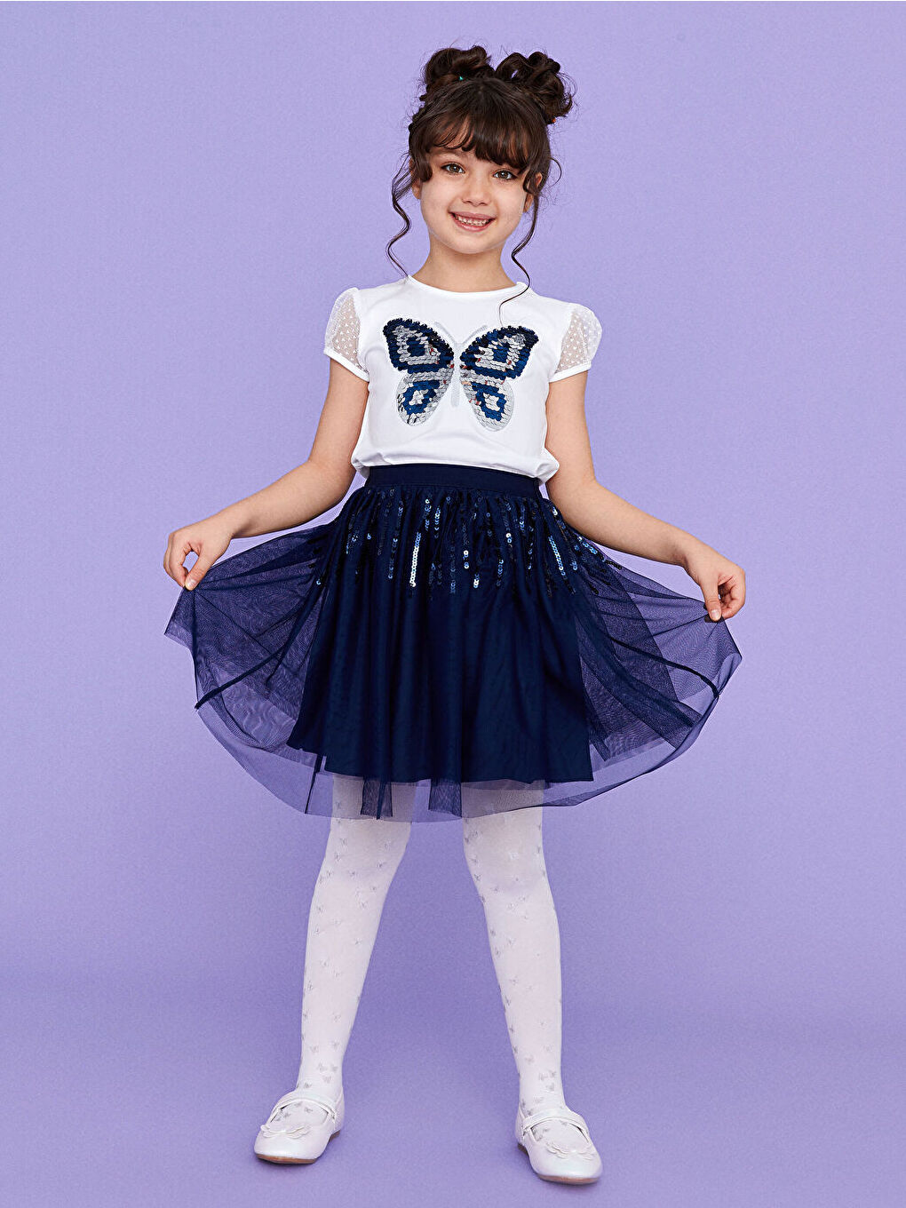 Beyaz Bisiklet Yaka Payetli Kısa Kollu Kız Çocuk Tişört