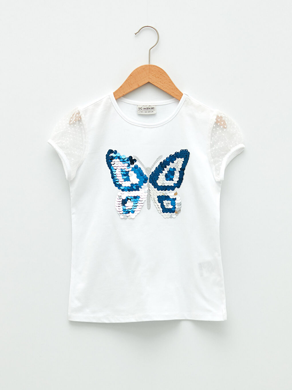 Beyaz Bisiklet Yaka Payetli Kısa Kollu Kız Çocuk Tişört-1