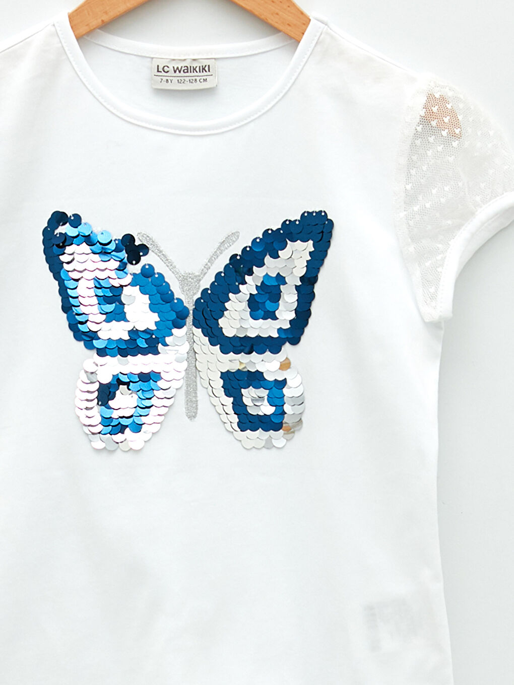 Beyaz Bisiklet Yaka Payetli Kısa Kollu Kız Çocuk Tişört-3