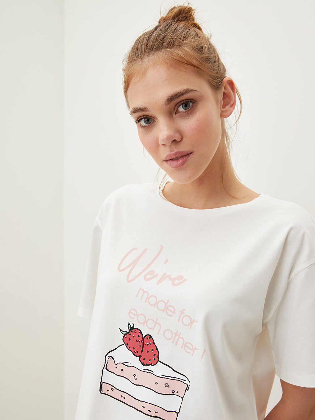 LCW DREAM Pembe Bisiklet Yaka Baskılı Kısa Kollu Pamuklu Kadın Pijama Takımı - 1