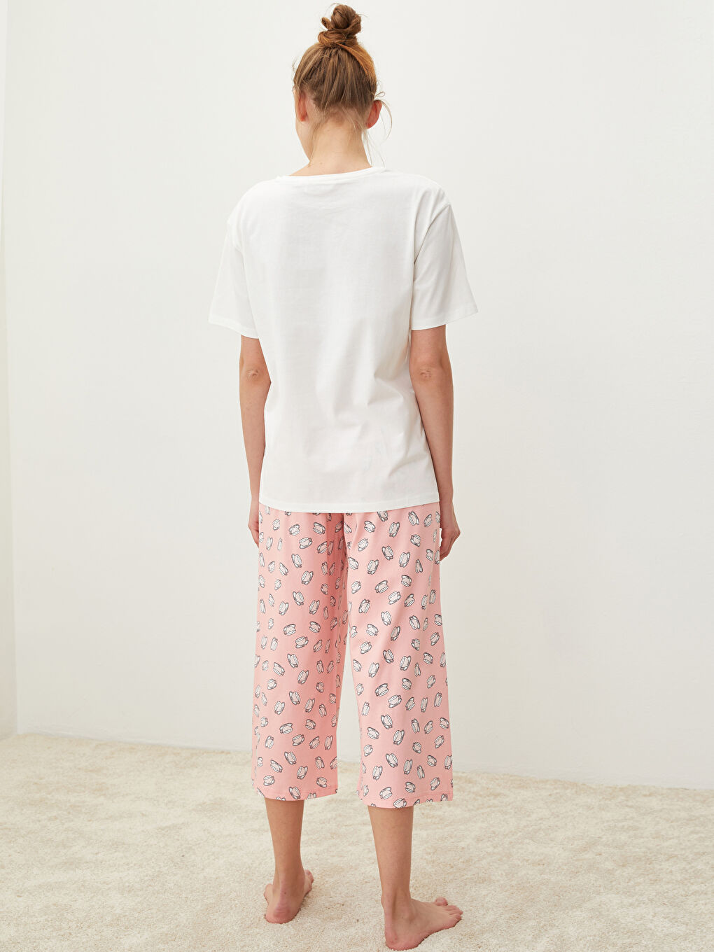 LCW DREAM Pembe Bisiklet Yaka Baskılı Kısa Kollu Pamuklu Kadın Pijama Takımı - 4