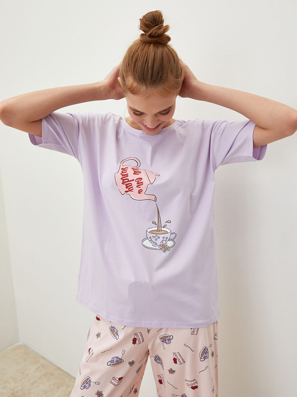 Crew Neck Printed Short Sleeve Cotton Women's Pajama Set