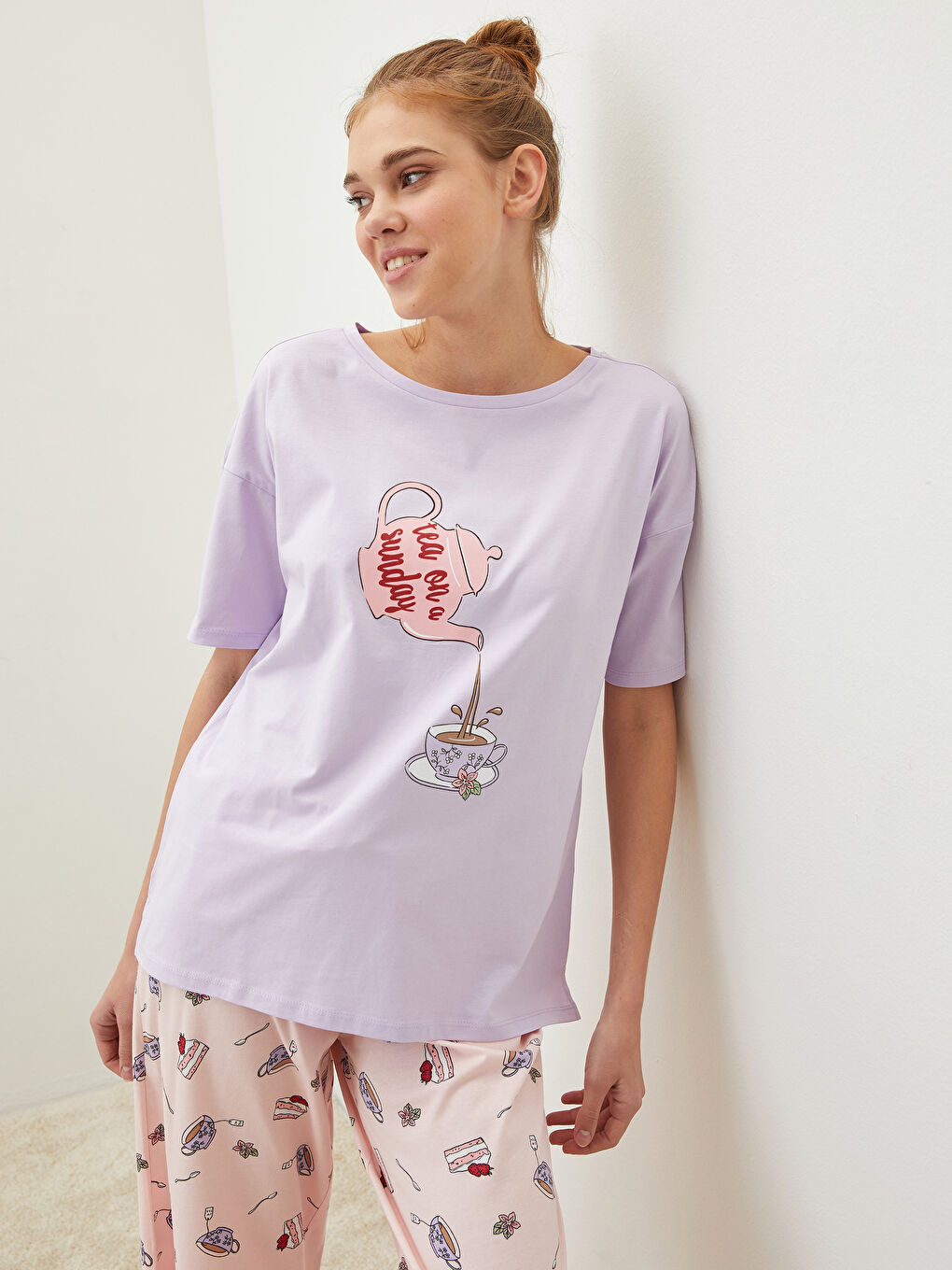 Crew Neck Printed Short Sleeve Cotton Women's Pajama Set-1