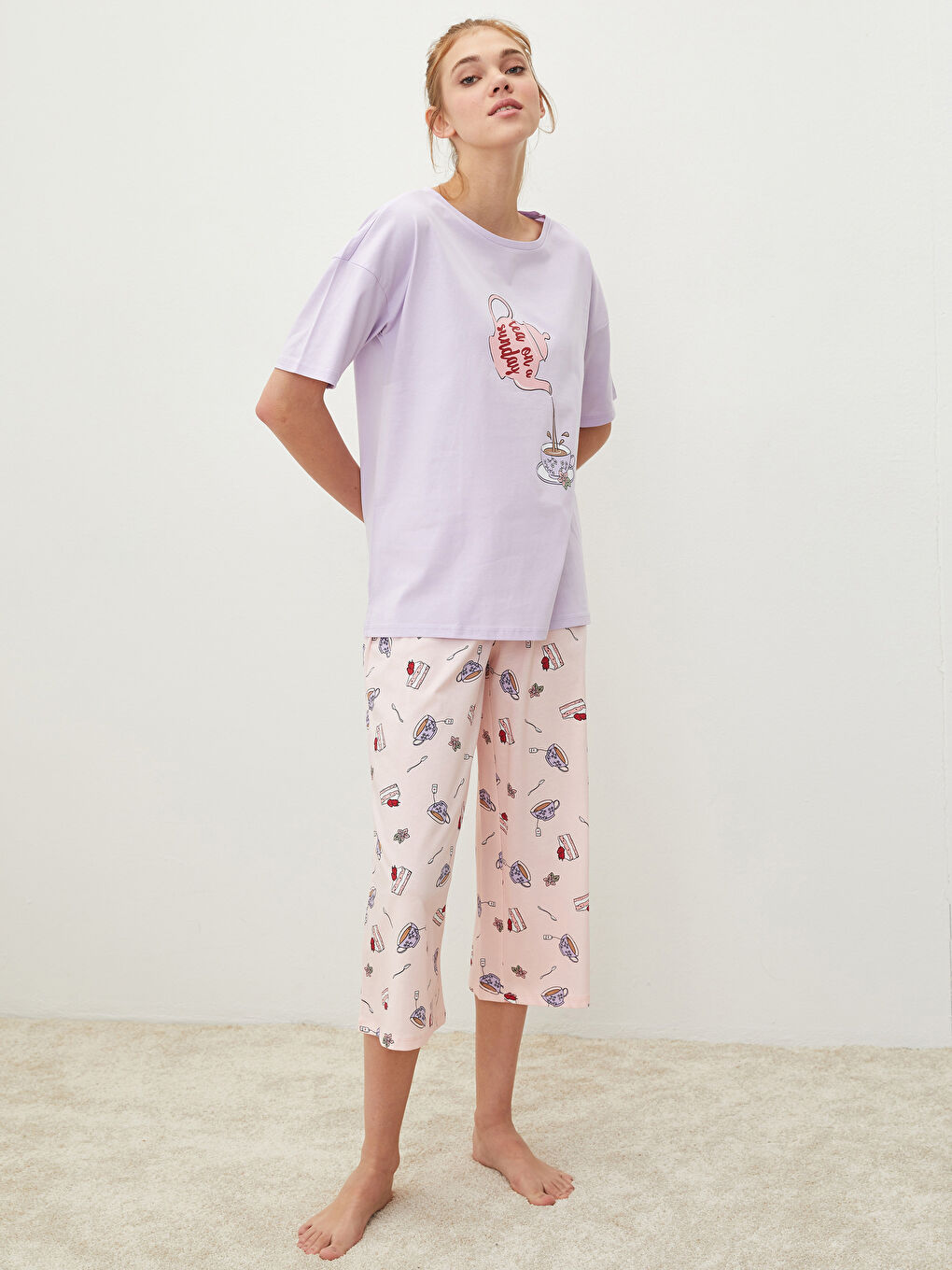 Crew Neck Printed Short Sleeve Cotton Women's Pajama Set-2