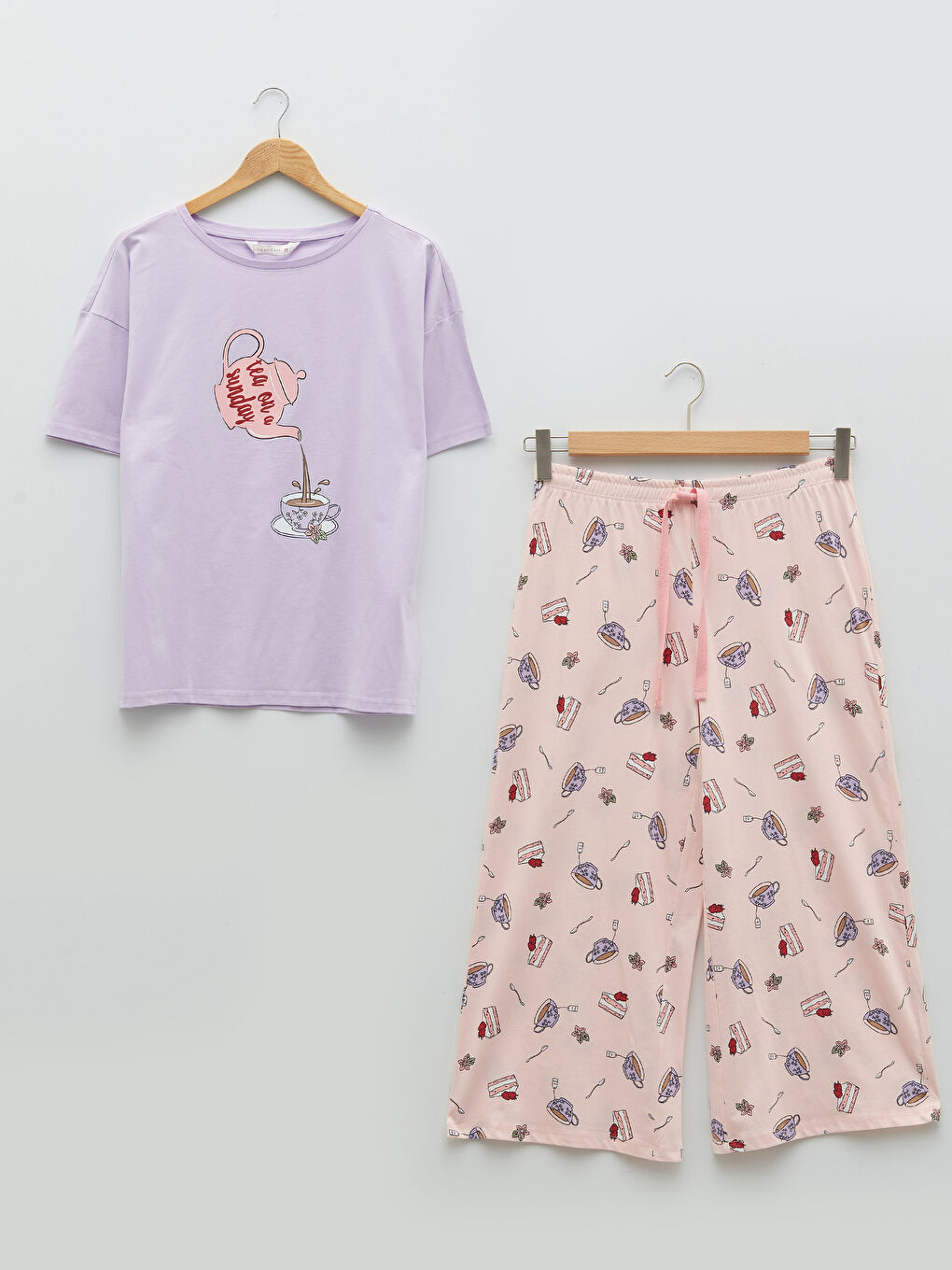 Crew Neck Printed Short Sleeve Cotton Women's Pajama Set-5