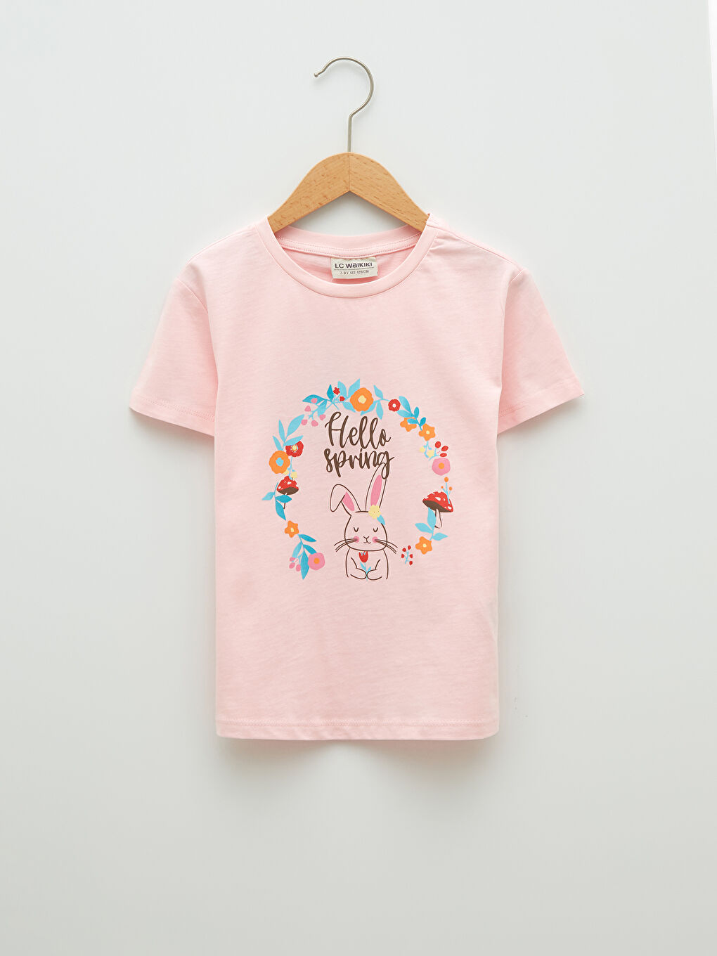 Pembe Bisiklet Yaka Baskılı Kısa Kollu Pamuklu Kız Çocuk Tişört