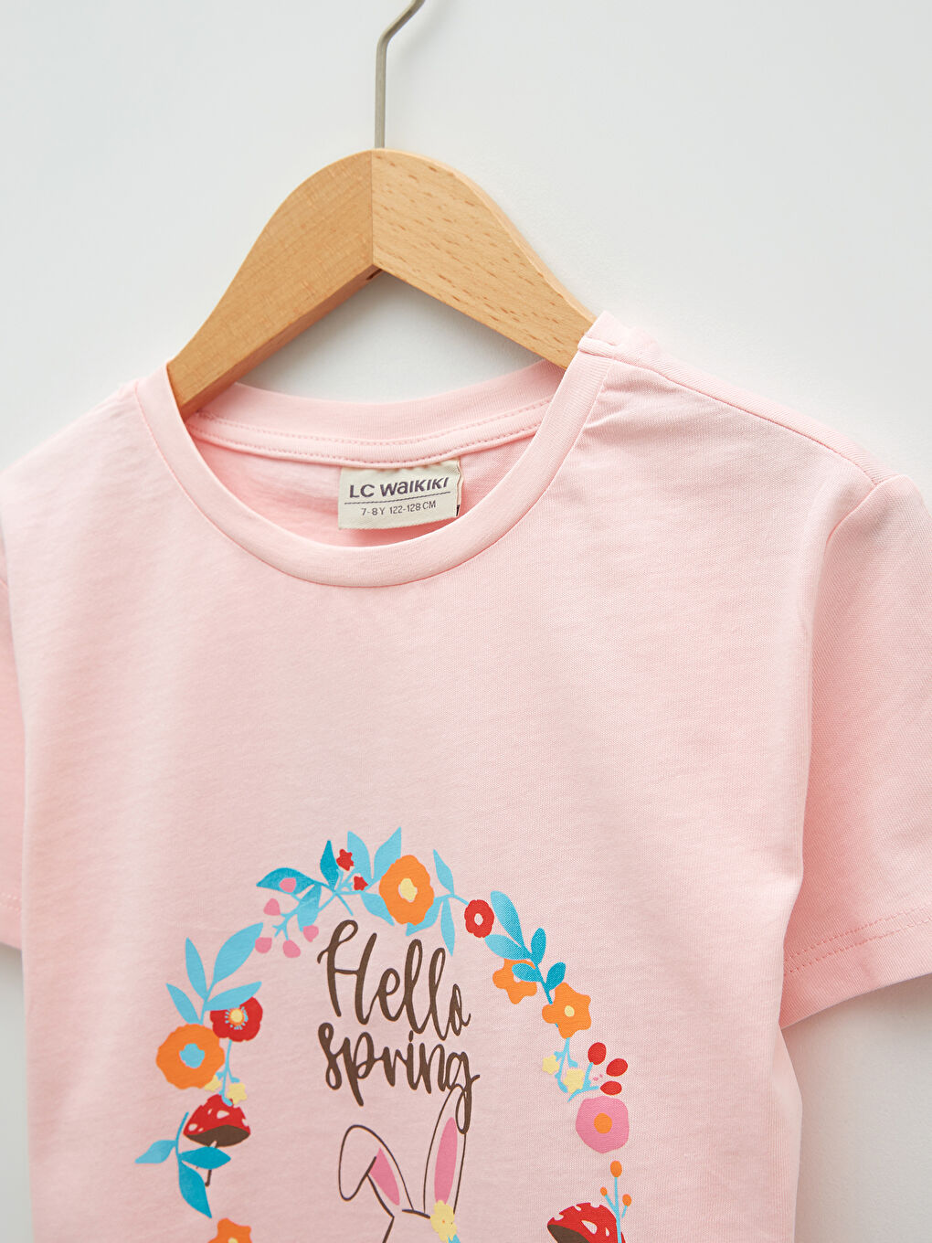 Pembe Bisiklet Yaka Baskılı Kısa Kollu Pamuklu Kız Çocuk Tişört-1