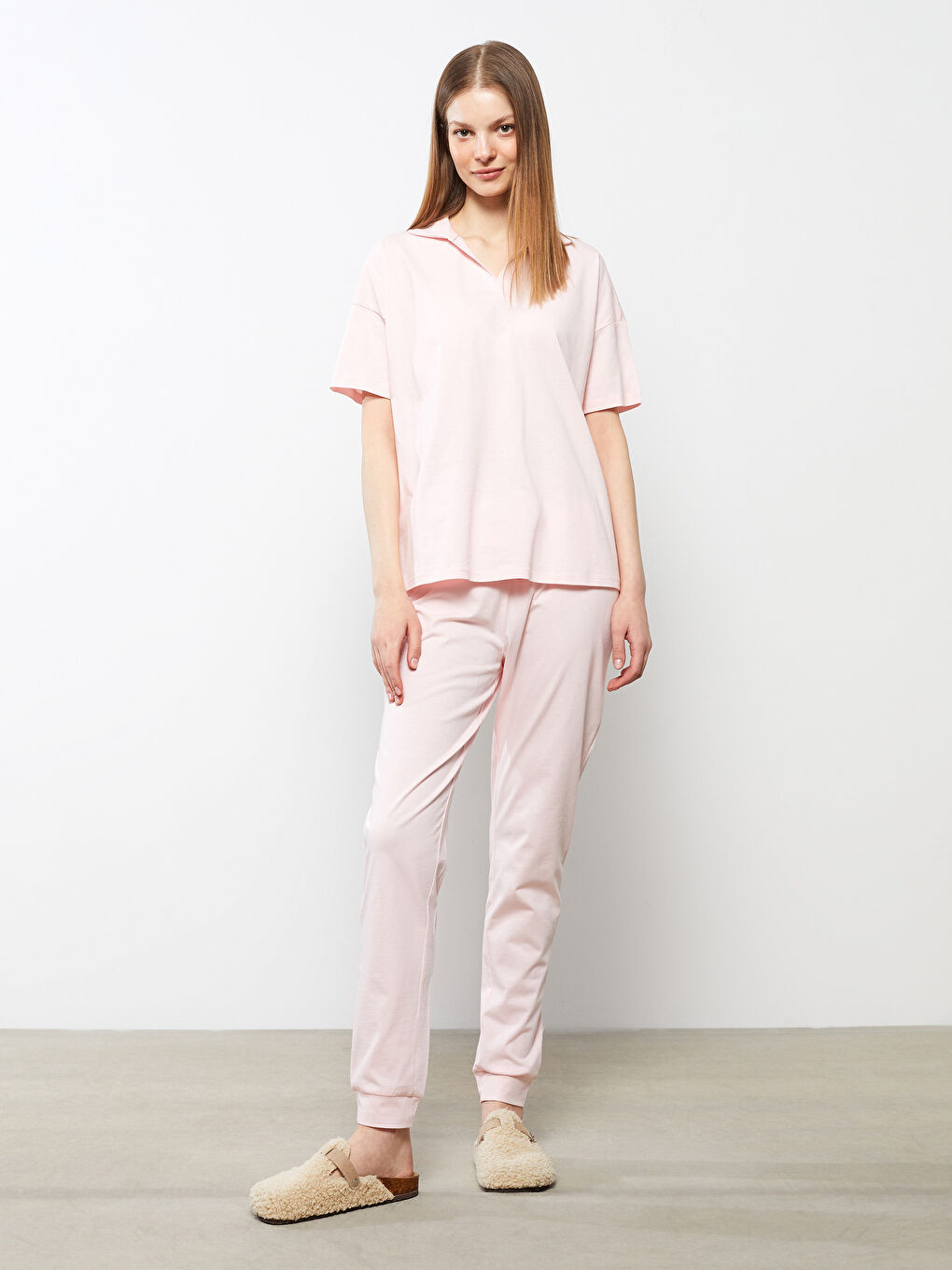 Pembe Polo Yaka Düz Kısa Kollu Pamuklu Kadın Pijama Takımı-5