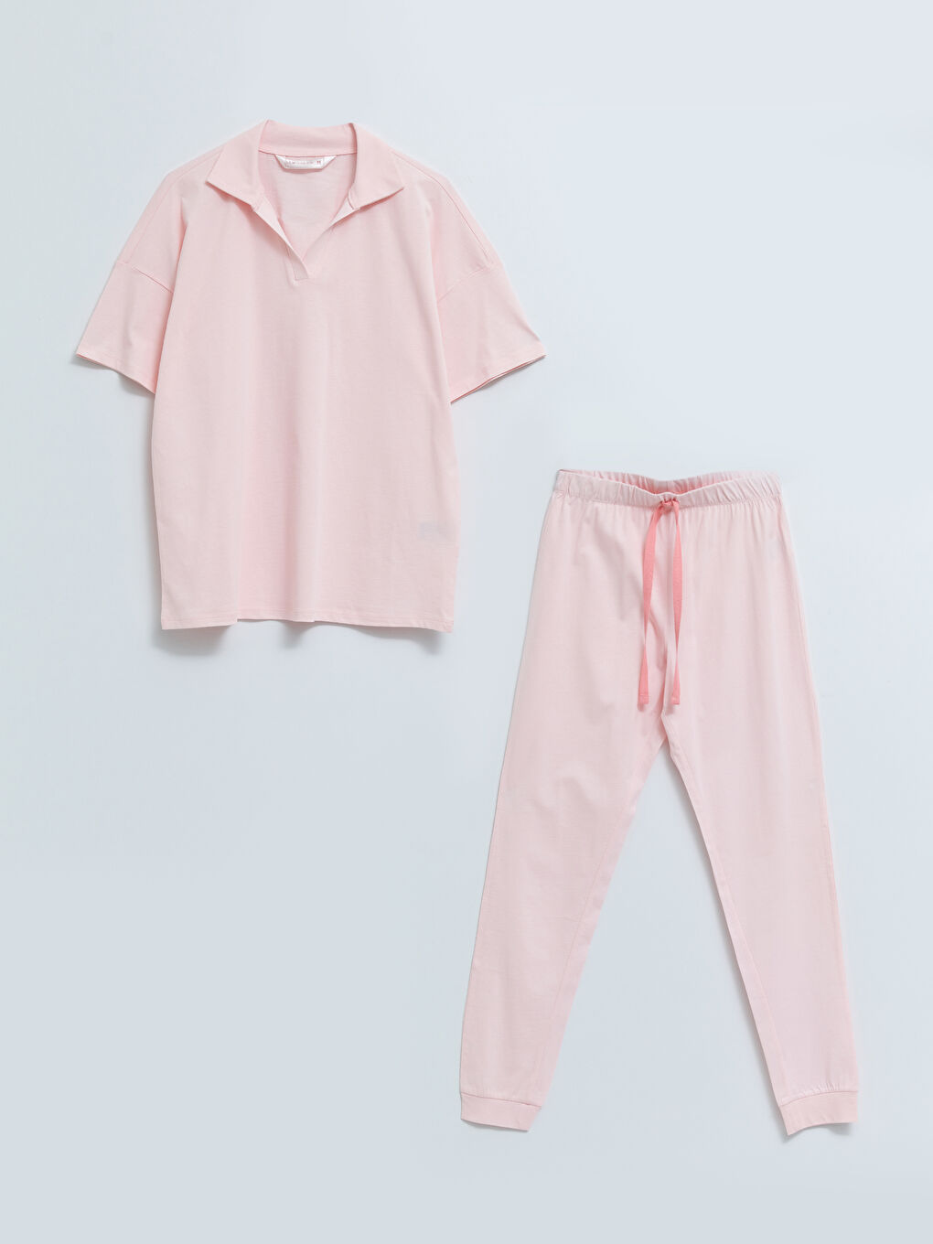 Pembe Polo Yaka Düz Kısa Kollu Pamuklu Kadın Pijama Takımı-6