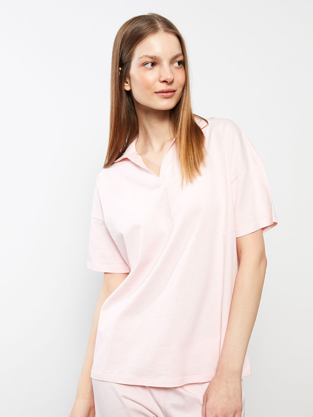 Pembe Polo Yaka Düz Kısa Kollu Pamuklu Kadın Pijama Takımı-1