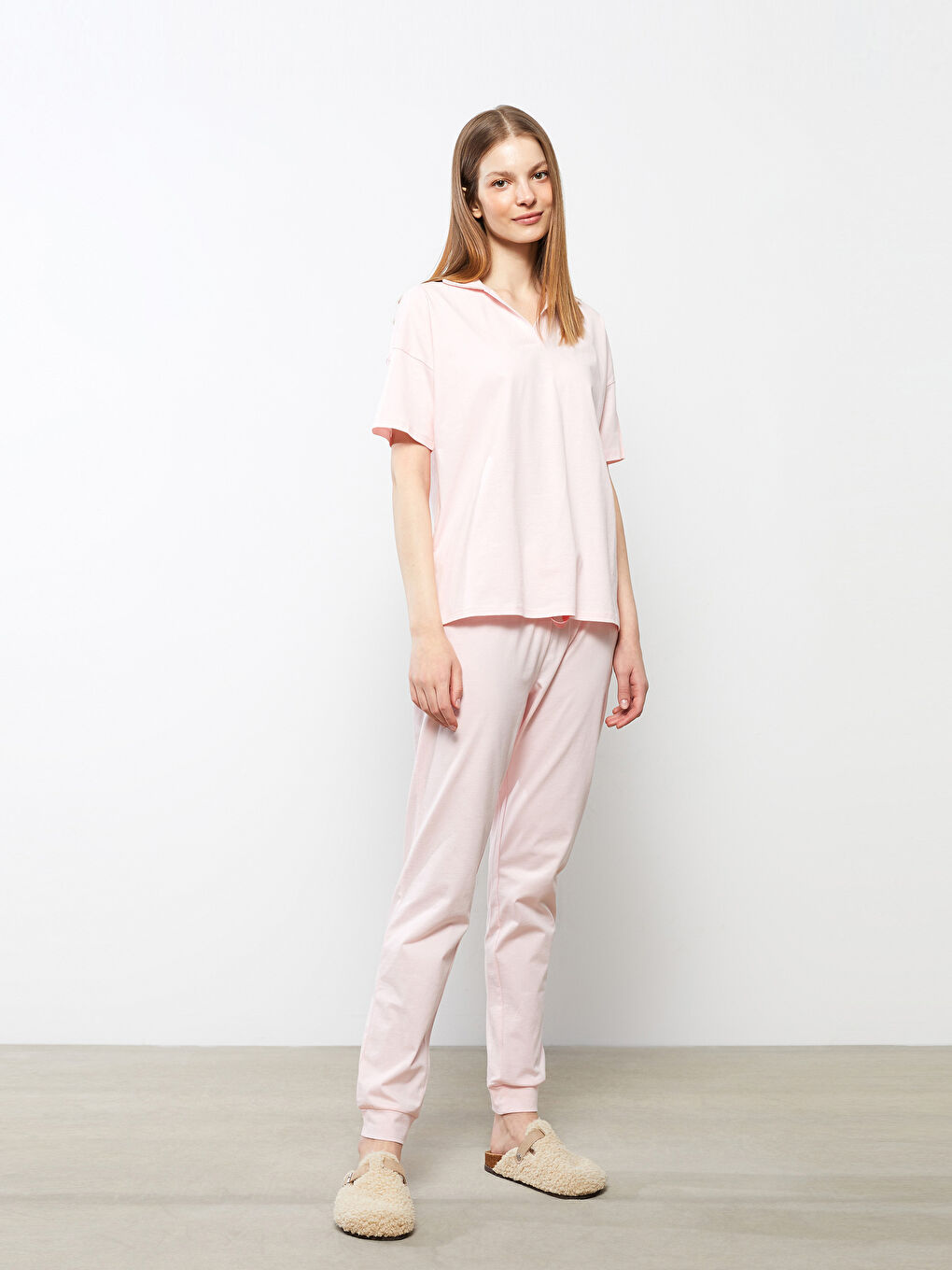 Pembe Polo Yaka Düz Kısa Kollu Pamuklu Kadın Pijama Takımı-2