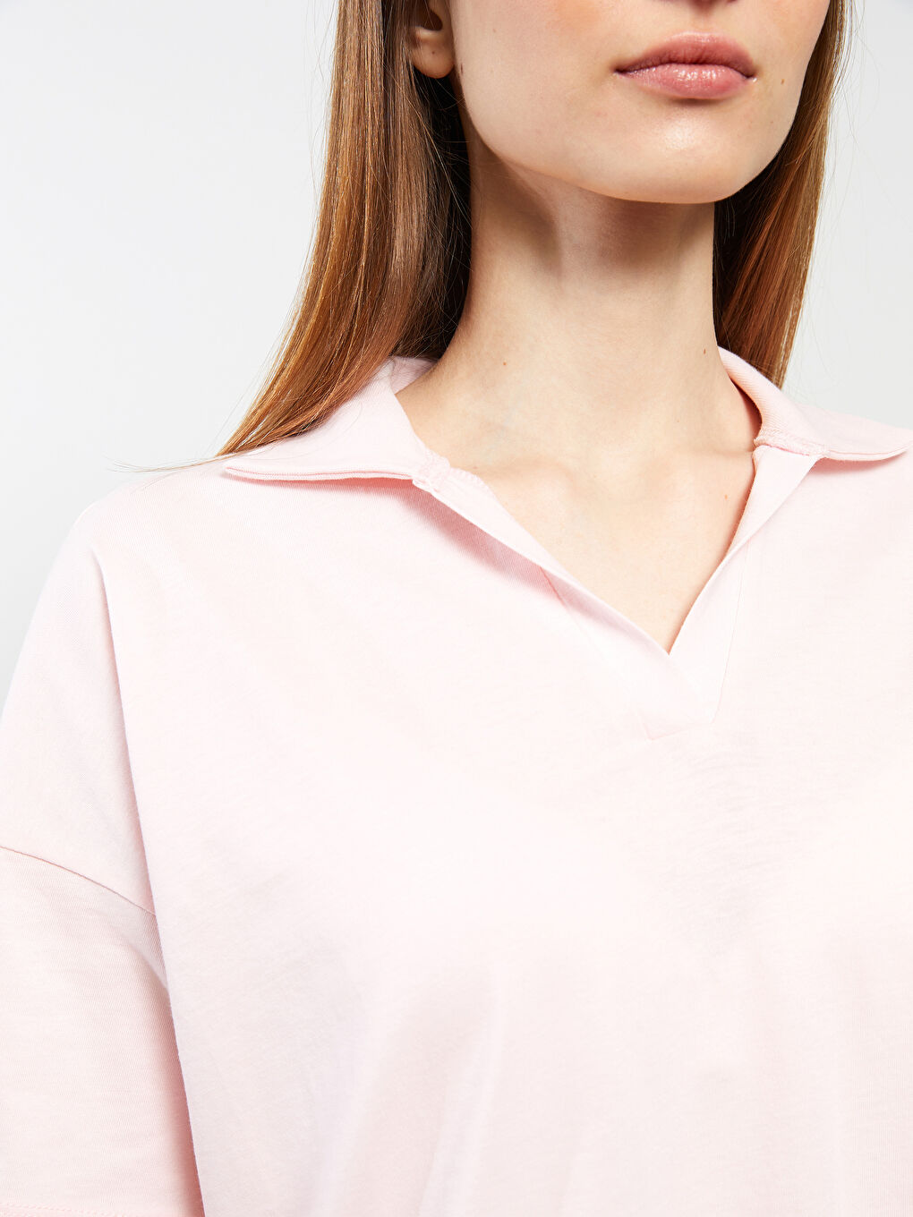 Pembe Polo Yaka Düz Kısa Kollu Pamuklu Kadın Pijama Takımı-3