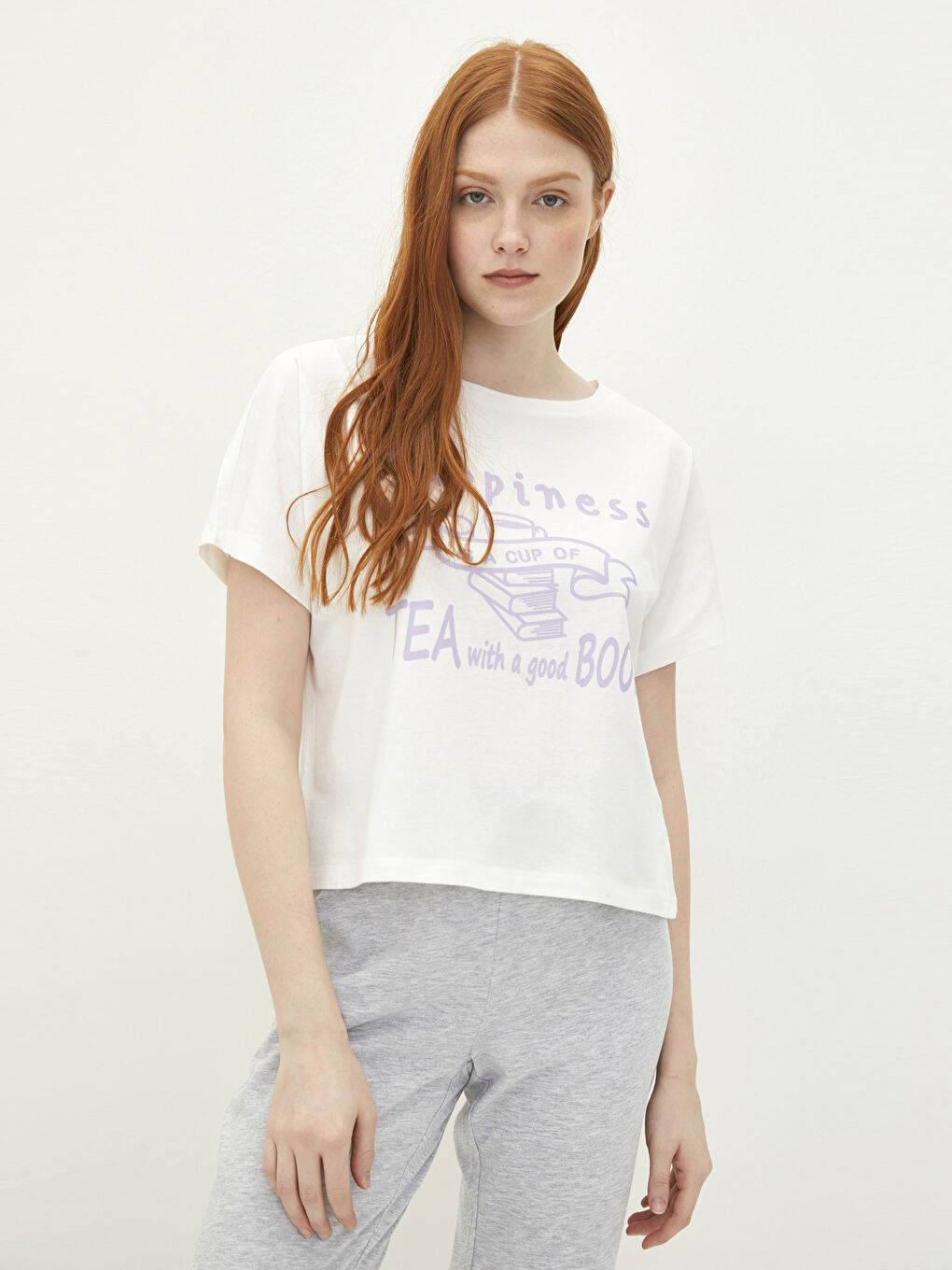 Gri Bisiklet Yaka Baskılı Kısa Kollu Kadın Pijama Takımı