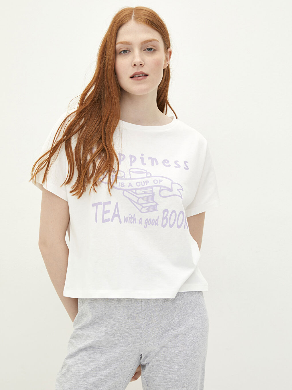 Gri Bisiklet Yaka Baskılı Kısa Kollu Kadın Pijama Takımı-1