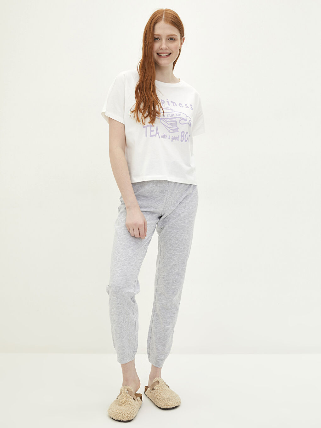 Gri Bisiklet Yaka Baskılı Kısa Kollu Kadın Pijama Takımı-2