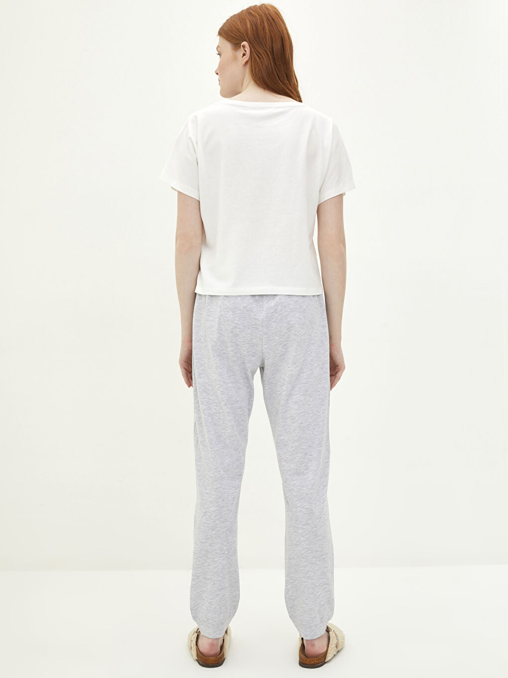 Gri Bisiklet Yaka Baskılı Kısa Kollu Kadın Pijama Takımı-4