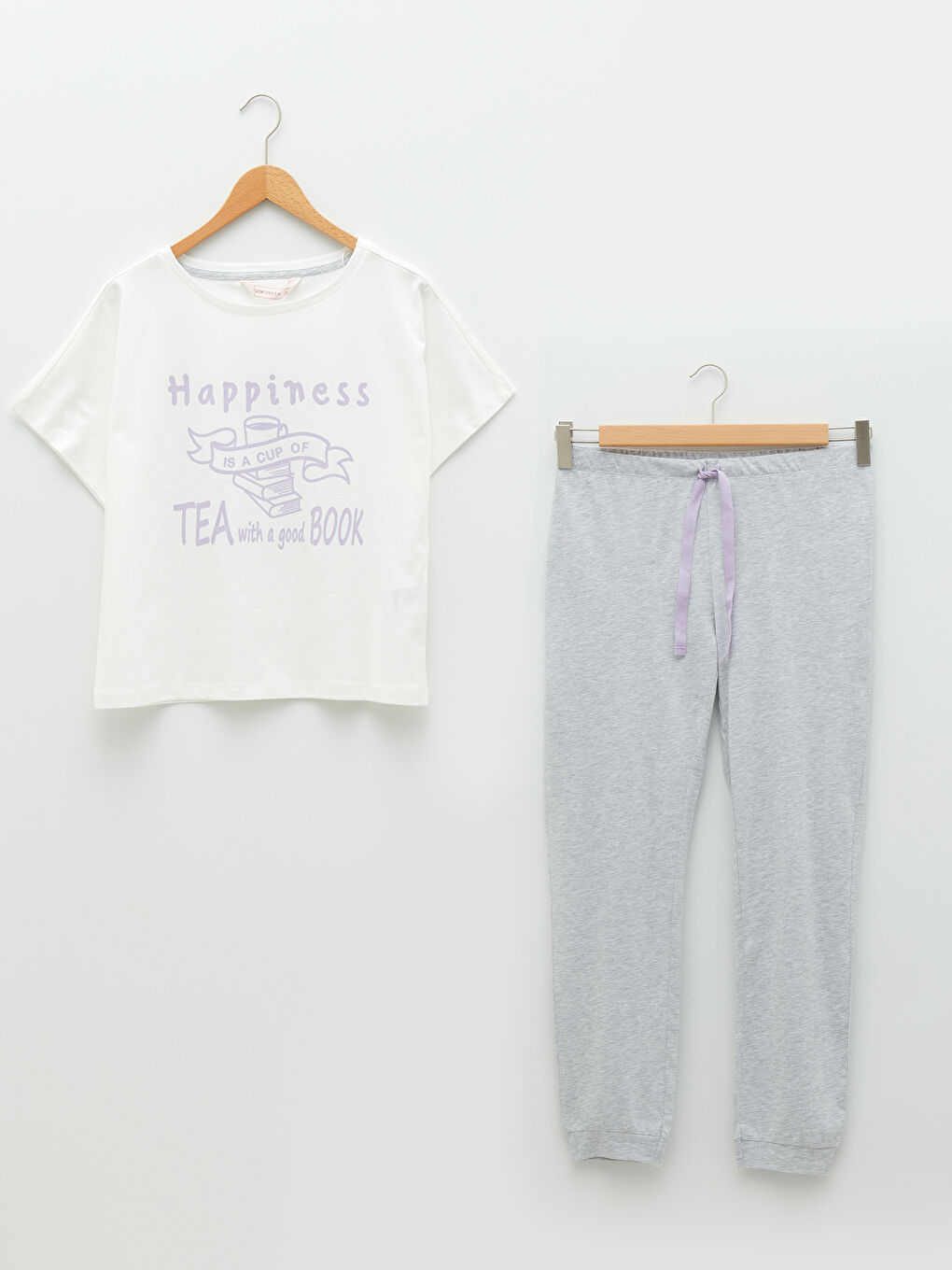 Gri Bisiklet Yaka Baskılı Kısa Kollu Kadın Pijama Takımı-5