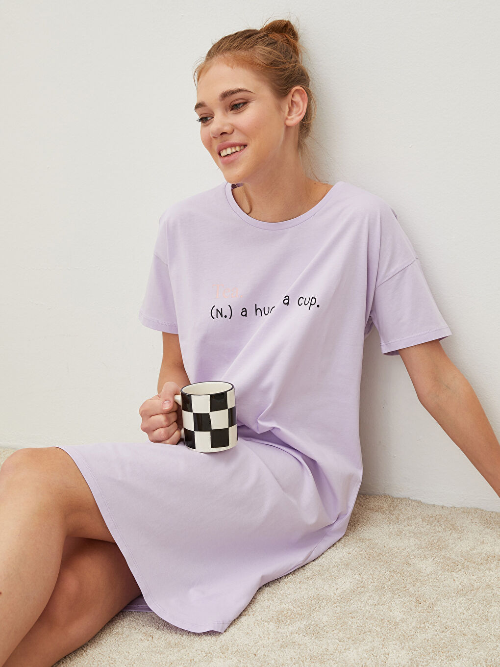 Lila Bisiklet Yaka Baskılı Kısa Kollu Pamuklu Kadın Gecelik-2