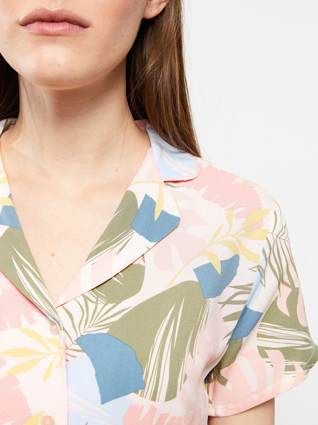 Pembe Gömlek Yaka Desenli Kısa Kollu Viskon Kadın Pijama Takımı-3