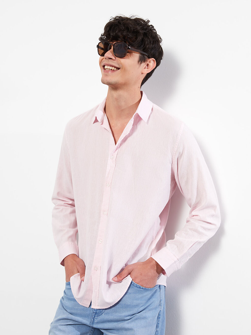 Pembe Regular Fit Uzun Kollu Poplin Erkek Gömlek-1