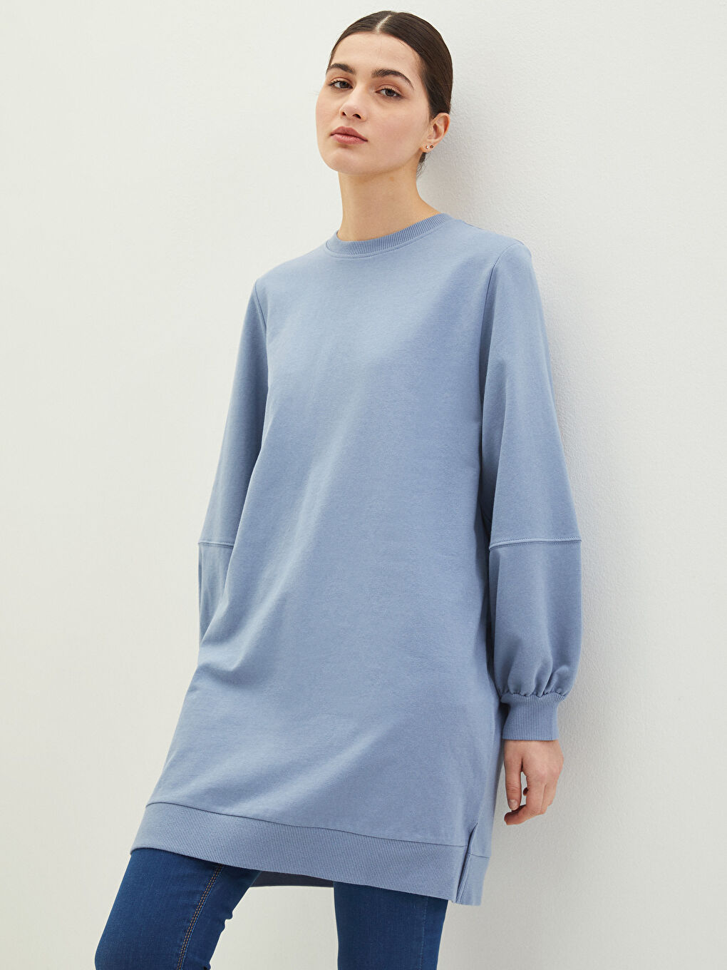 Crew Neck Plain Long Sleeve Women's Sweatshirt Tunic