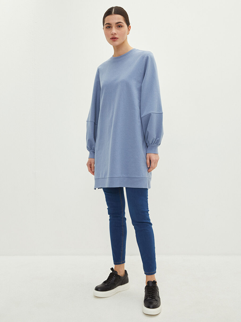 Crew Neck Plain Long Sleeve Women's Sweatshirt Tunic-1